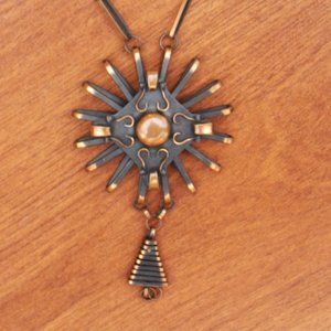 Copper pendant necklace, Made in Poland, styalized sun, bell dangler